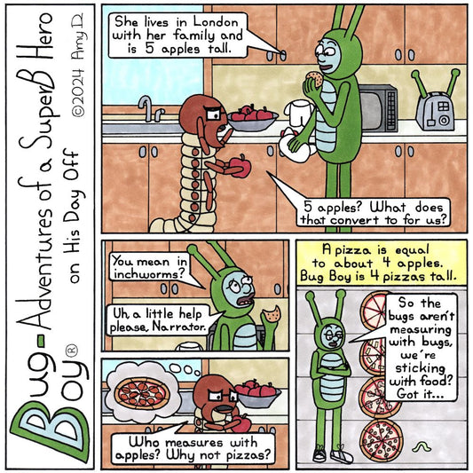 Bug Boy®-Adventures of a SuperB Hero on His Day Off Hello Kawaii / ©2024 Amy D / First Panel- Bug Boy & Seymour standing in the kitchen of the Bug...