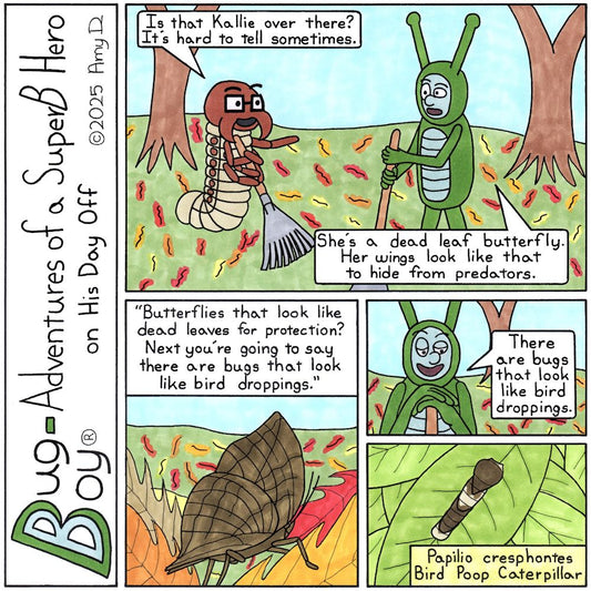 Bug Boy®-Adventures of a SuperB Hero on His Day Off / Mimicry ©2025 Amy D / First Panel- Bug Boy & Seymour standing outside, raking leaves. Seymour is...