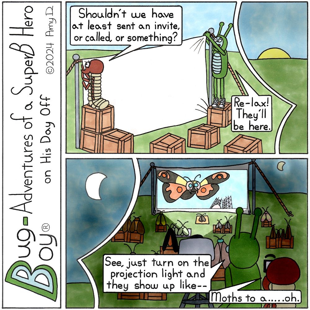 Bug Boy®-Adventures of a SuperB Hero on His Day Off / Moth Week ©2024 Amy D / 1st Panel- Bug Boy & Seymour outside hanging a giant sheet from a clothesline. There are wooden crates near them and Bug Boy is even standing on one to reach the top of the...