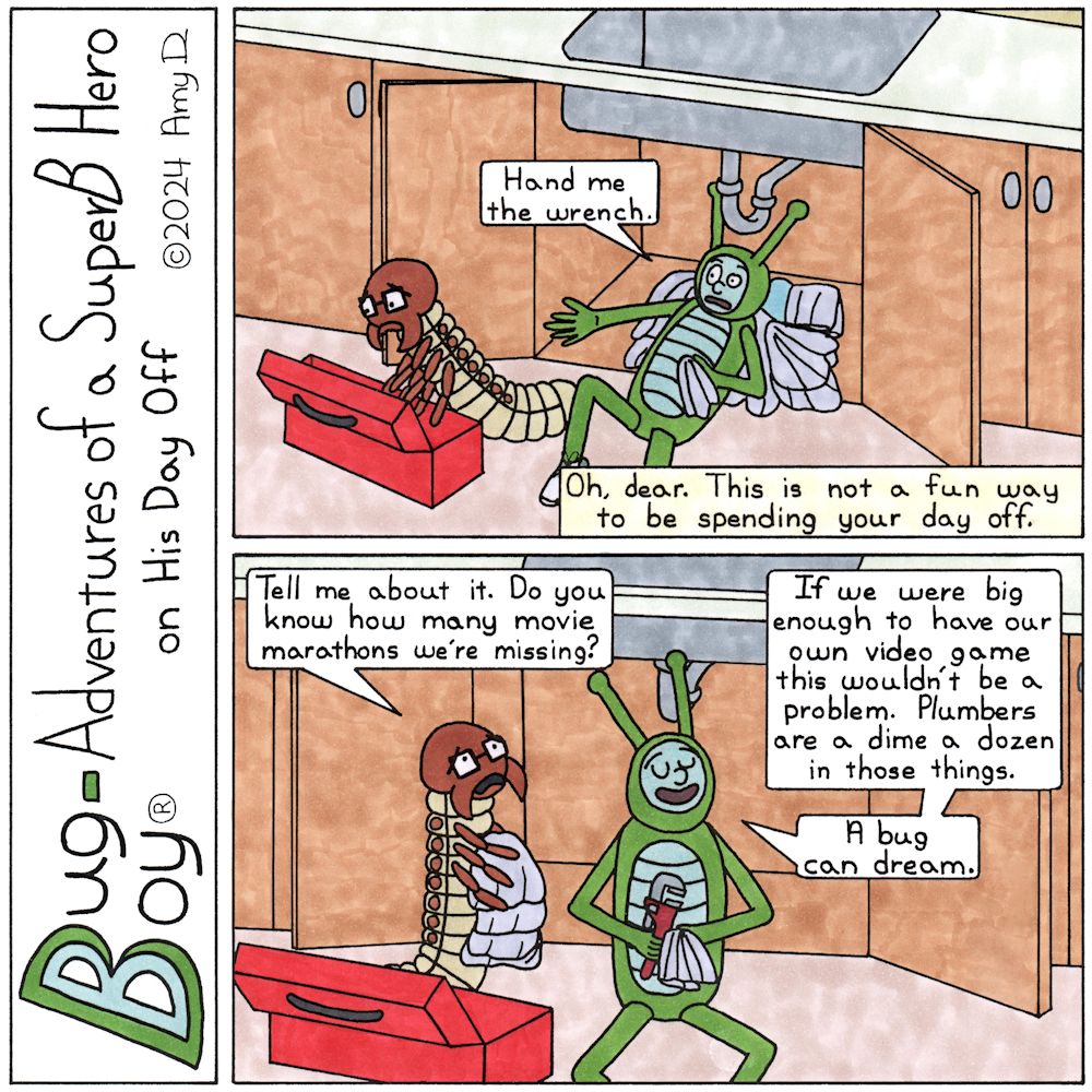 Bug Boy®-Adventures of a SuperB Hero on His Day Off - Pipes ©2024 Amy D / 1st Panel- Bug Boy laying under the kitchen sink on top of a heap of towels. Water is leaking out of the drain pipe. Seymour is standing near him looking into a toolbox. Bug Boy...