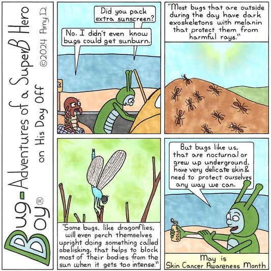 Bug Boy®-Adventures of a SuperB Hero on His Day Off - Skin ©2024 Amy D - 1st Panel- Bug Boy & Seymour in a parking lot next to the beach. Seymour is carrying a towel, folding chair, & surfboard and ready to go. Bug Boy is still rummaging through...