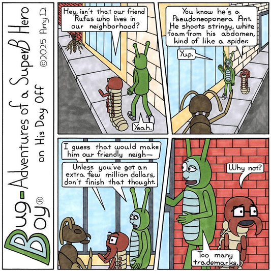 Bug Boy®-Adventures of a SuperB Hero on His Day Off / Spiderm*n Ant ©2025 Amy D / First Panel- Bug Boy & Seymour are in the center of town walking down...