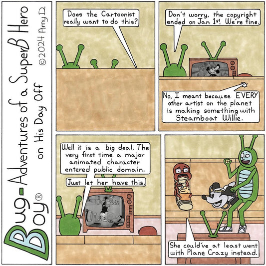 Bug Boy®-Adventures of a SuperB Hero on His Day Off - Steamboat ©2024 Amy D / 1st Panel- A view of the back of the sofa. There are antennae coming up from the left side and the middle. Voice from the right: Does the Cartoonist really want to do this?...