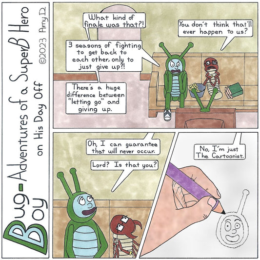 Bug Boy-Adventures of a SuperB Hero on His Day Off - TV2 ©2023 Amy D / 1st Panel- Bug Boy & Seymour sitting on the couch watching TV. Seymour has finished his box of cookies and has moved onto Bug Boy's popcorn, which he hasn't touched because he's