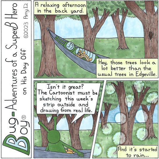 Bug Boy®-Adventures of a SuperB Hero on His Day Off - Trees ©2023 Amy D / 1st Panel- Bug Boy laying with his teddy bear in a hammock beneath the trees. Narrator: A relaxing afternoon in the back yard. Narrator: Hey, those trees look a lot better than the