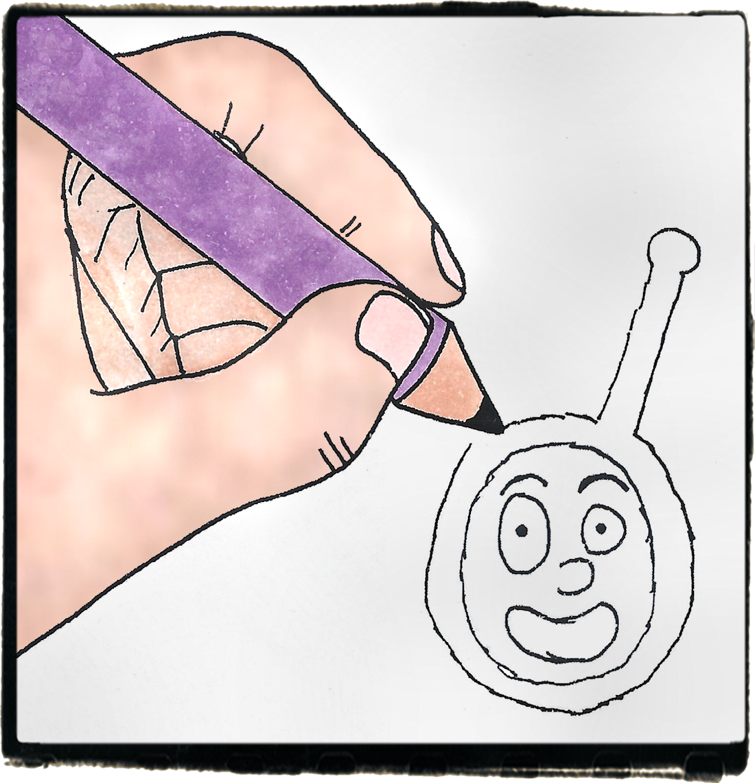 The Cartoonist is often heard but rearly seen. - Here you can see part of her hand outlining a rough sketch of Bug Boy's head.