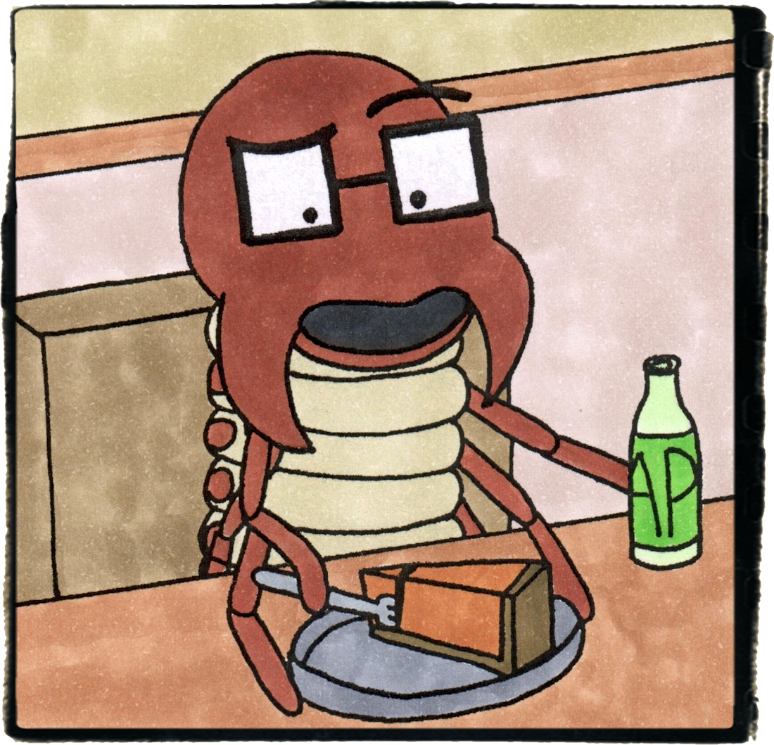 Seymour is actually a rhinoceros beetle larva, sort of plump grub/worm type thing with a large head and mandables. He wears large square glasses. He has 6 little arms towards the top of his body. His head and arms are dark brown and his body is a light brown. - Here is is slicing into a piece of pie with a fork while holding a bottle of SAP.