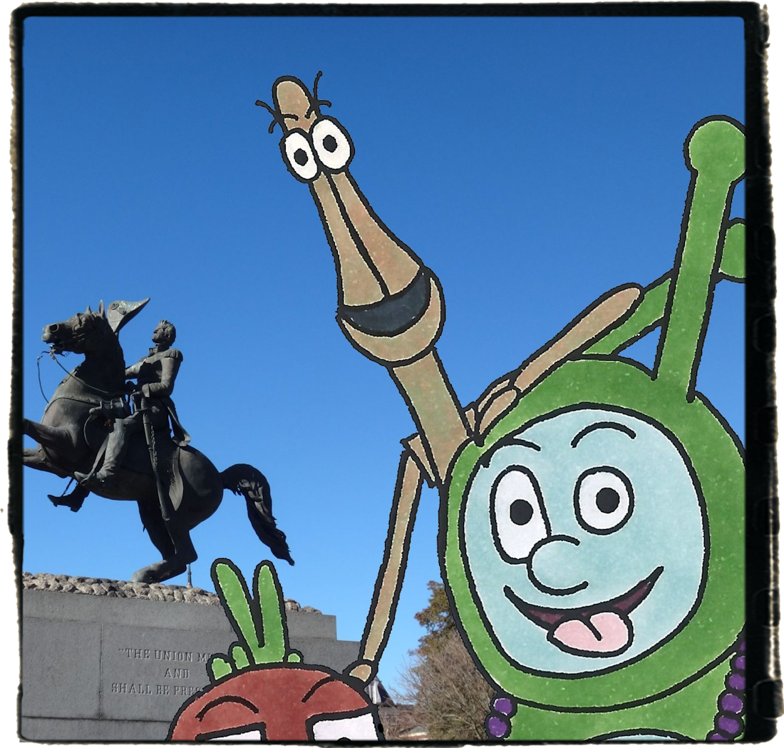 Will is a horsehead grasshopper. They have huge eyes, short antenna and a long stringy body with a brownish green color. Here they are in a photograph with Bug Boy & Seymour standing in front of Jackson Square.