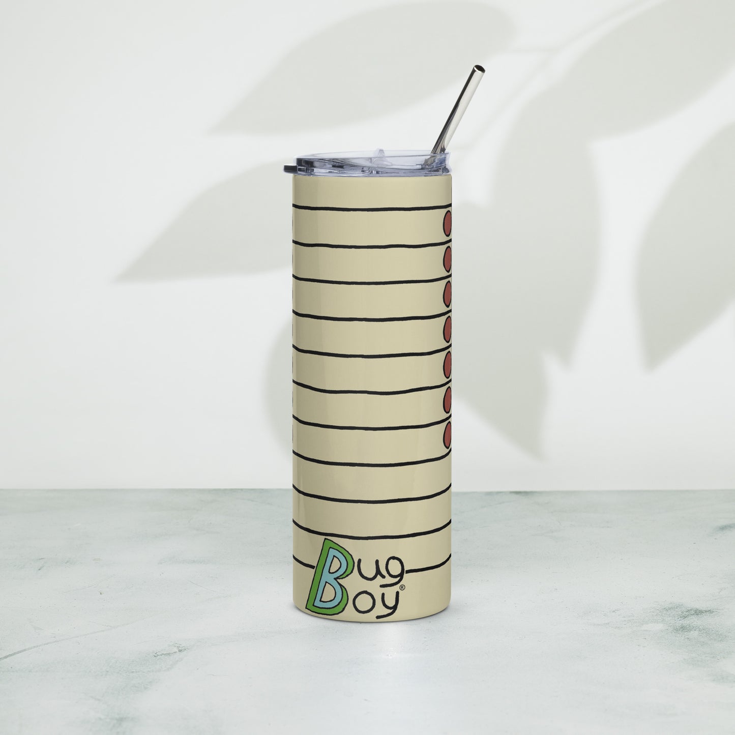 Back of The Seymour Stein - Stainless Steel Tunbler with Reusable straw - From The Bug Bungalow - Bug Boy Comics