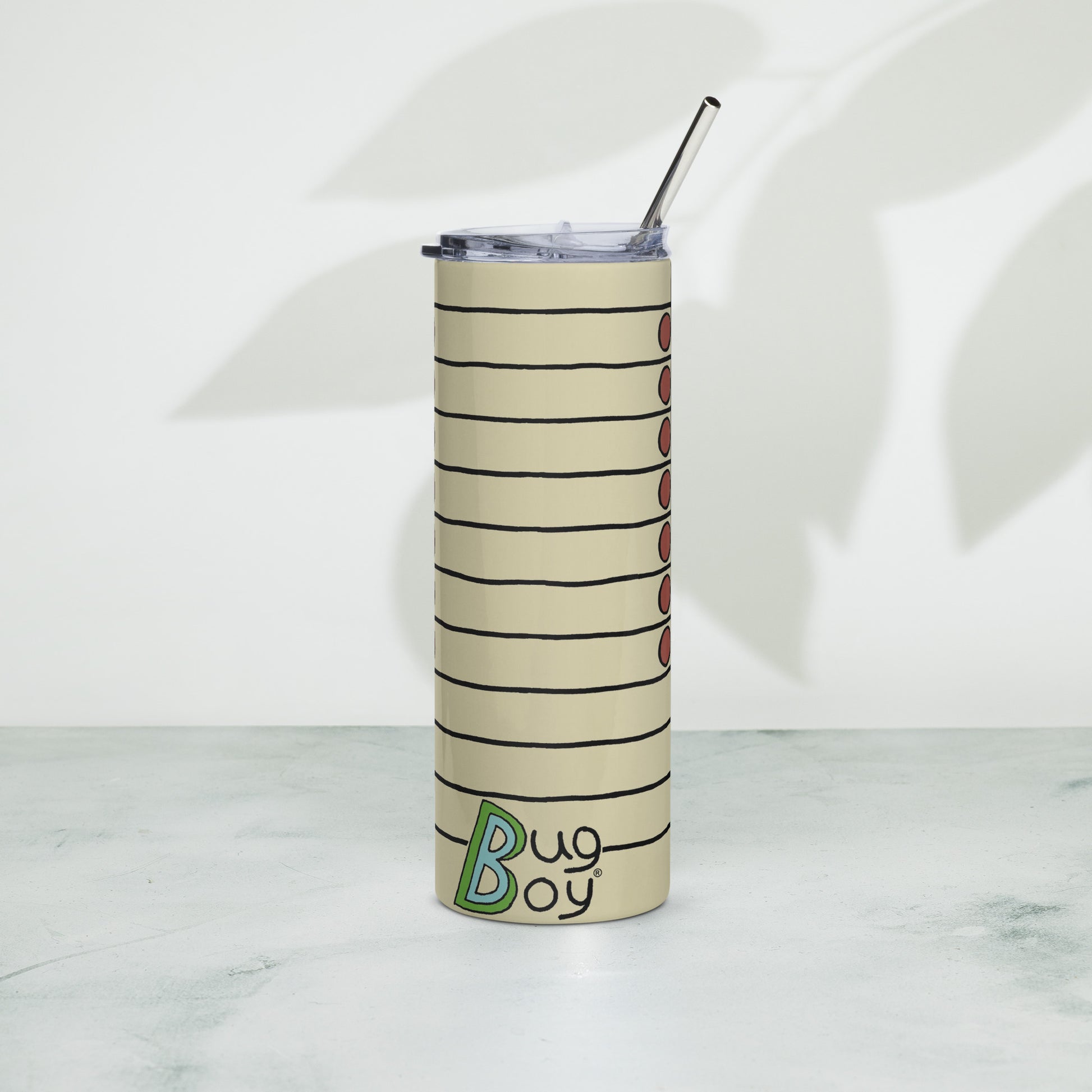 Back of The Seymour Stein - Stainless Steel Tunbler with Reusable straw - From The Bug Bungalow - Bug Boy Comics