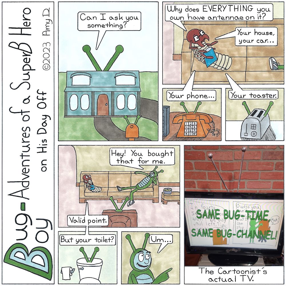 Bug Boy-Adventures of a SuperB Hero on His Day Off - Antennae ©2023 Amy D / 1st Panel- Establishing shot of the Bug Bungalow and mail box out front, both with Bug Boy antennae on top. Seymour: Can I ask you something? 2nd Panel- Seymour, snacking on...