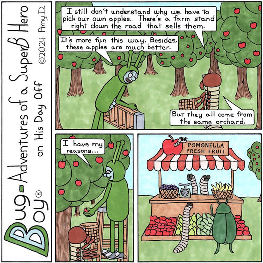 Bug Boy®-Adventures of a SuperB Hero on His Day Off / Apple Picking ©2024 Amy D / First Panel- Bug Boy & Seymour standing in the middle of an apple orchard. Seymour is holding a wooden basket and Bug Boy is leaning over to pick up a ladder. Seymour...