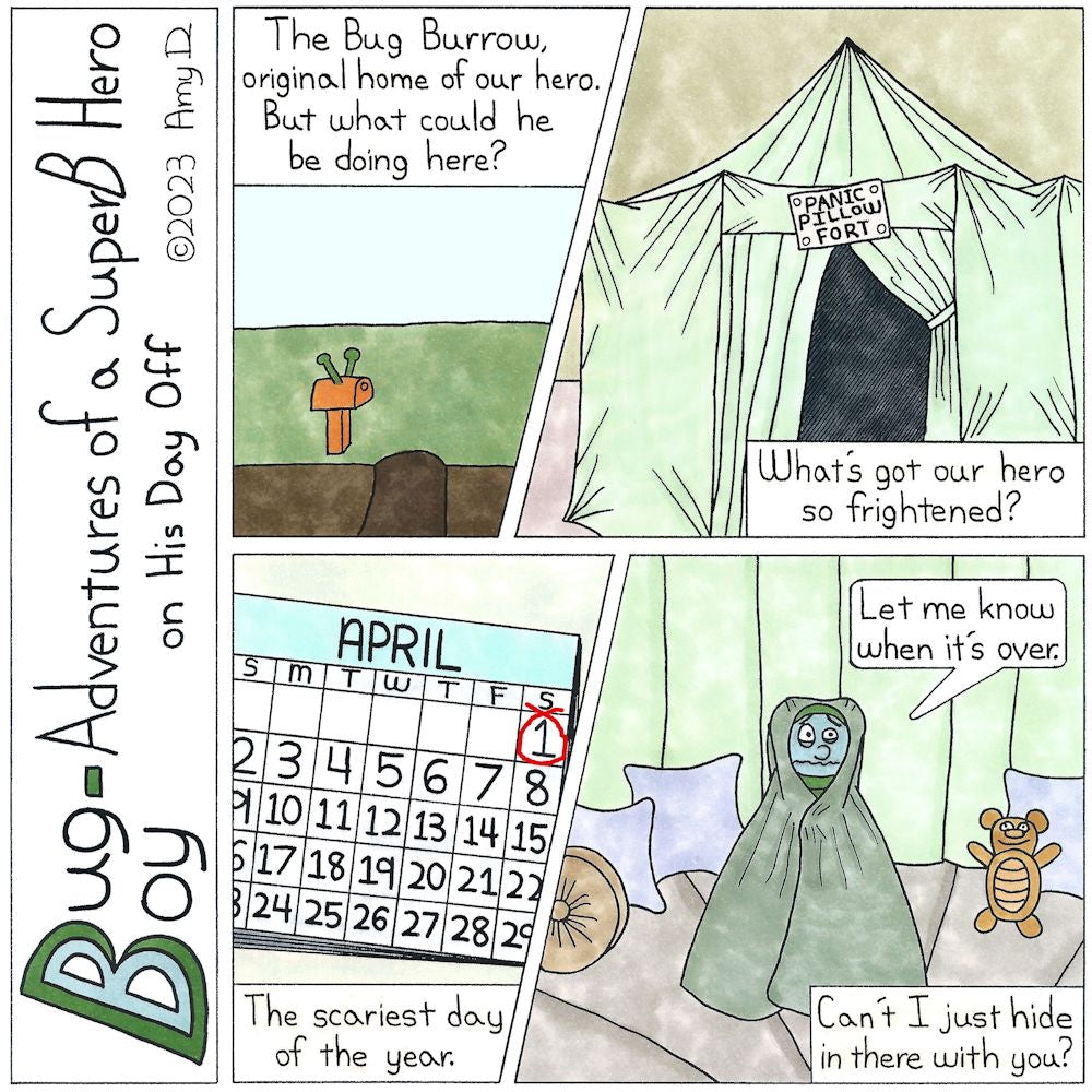 Bug Boy-Adventures of a SuperB Hero on His Day Off - April Fool ©2023 Amy D / 1st Panel- A conspicuous hole in the ground, right next to a mailbox with antenna sticking out the top. Narrator: The Bug Burrow, original home of our hero. But what could he be