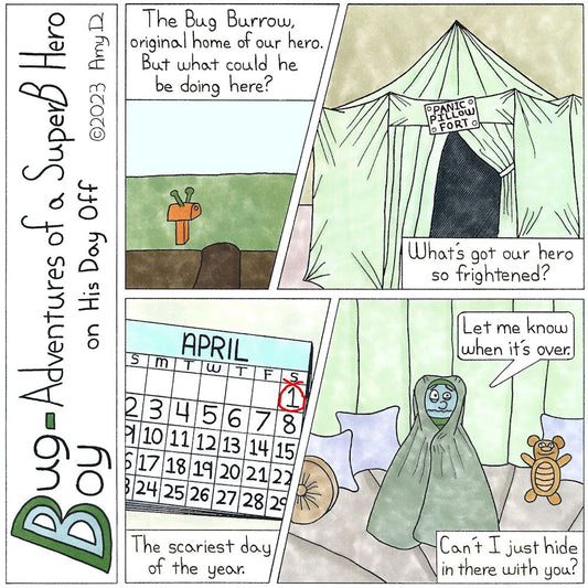 Bug Boy-Adventures of a SuperB Hero on His Day Off - April Fool ©2023 Amy D / 1st Panel- A conspicuous hole in the ground, right next to a mailbox with antenna sticking out the top. Narrator: The Bug Burrow, original home of our hero. But what could he be