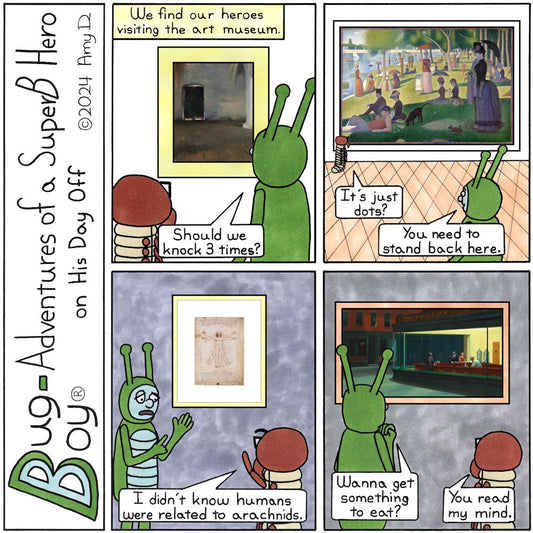 Bug Boy®-Adventures of a SuperB Hero on His Day Off Art Museum / ©2024 Amy D / First Panel- Bug Boy and Seymour standing in front of “The Door” by Helen...