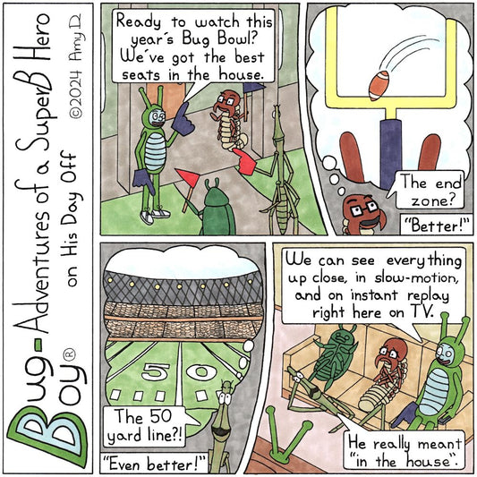 Bug Boy®-Adventures of a SuperB Hero on His Day Off - Bug Bowl ©2024 Amy D / 1st Panel- Bug Boy standing outside the Bug Bungalow with Seymour, Will, and Steve. They are all decked out in sports memorabilia. Bug Boy: Ready to watch this year’s Bug Bowl...