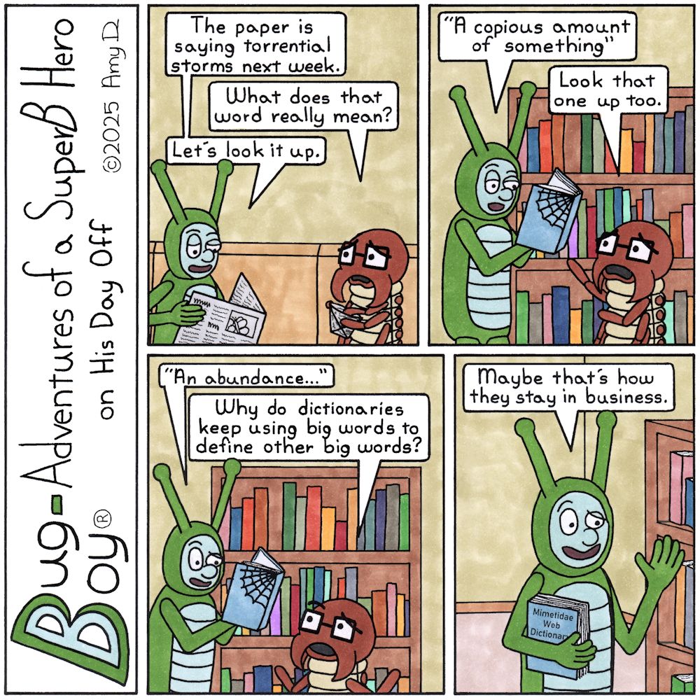 Bug Boy®-Adventures of a SuperB Hero on His Day Off / Dictionary ©2025 Amy D / First Panel- Bug Boy &amp; Seymour are sitting on the sofa. Bug Boy is reading...