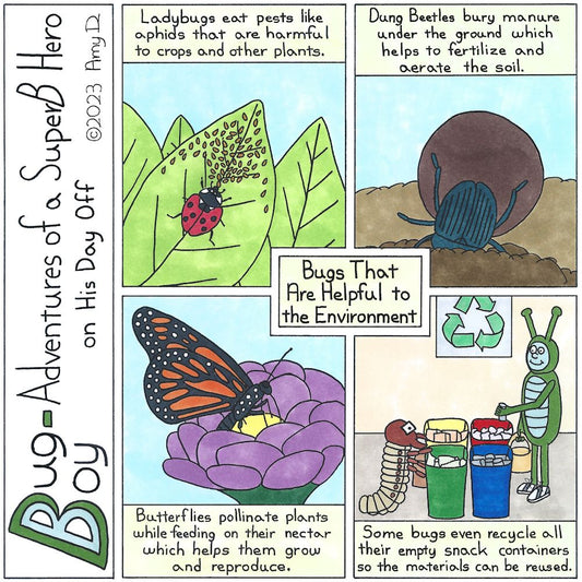 Bug Boy-Adventures of a SuperB Hero on His Day Off - Earth Day ©2023 Amy D / Bugs That Are Helpful to the Environment 1st Panel- A ladybug on a leaf covered with aphids. Narrator: Ladybugs eat pests like aphids that are harmful to crops and other plants.