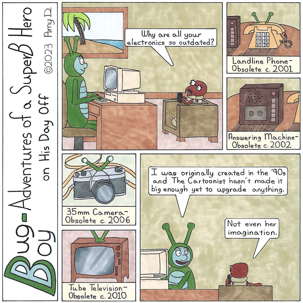 Bug Boy-Adventures of a SuperB Hero on His Day Off - Extinction ©2023 Amy D / 1st Panel-Bug Boy sitting at a desk in front of a very old computer. Seymour sitting in the chair across from him scrolling on his smartphone. Seymour: Why are all your...