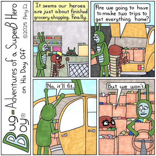 Bug Boy®-Adventures of a SuperB Hero on His Day Off / Grocery 2 ©2025 Amy D / First Panel- Bug Boy and Seymour standing at the register of the grocery store...