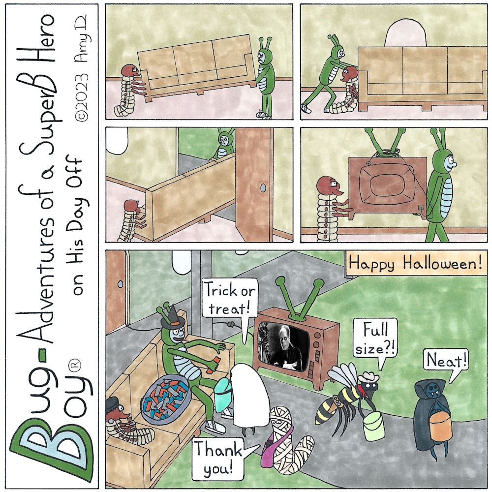 Bug Boy®-Adventures of a SuperB Hero’s Best Friend on His Day Off - Halloween ©2023 Amy D - 1st Panel- Bug Boy & Seymour holding up the couch looking slightly distressed. 2nd Panel- Bug Boy & Seymour with the couch on the floor attempting to push it...