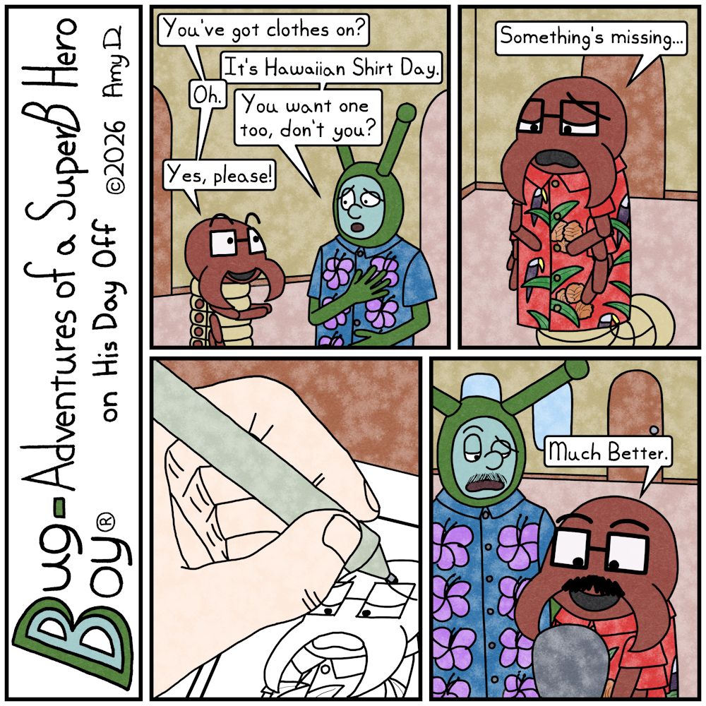 Bug Boy®-Adventures of a SuperB Hero on His Day Off / Aloha Shirt ©2026 Amy D / First Panel- Bug Bug & Seymour standing in the living room of the Bug Bungalow..
