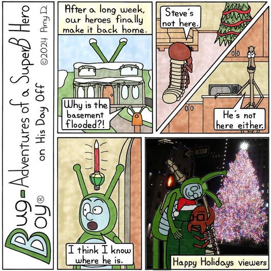 Bug Boy®-Adventures of a SuperB Hero on His Day Off / Found in New York ©2024 Amy D / First Panel- Exterior view of the Bug Bungalow. There is a light snow...