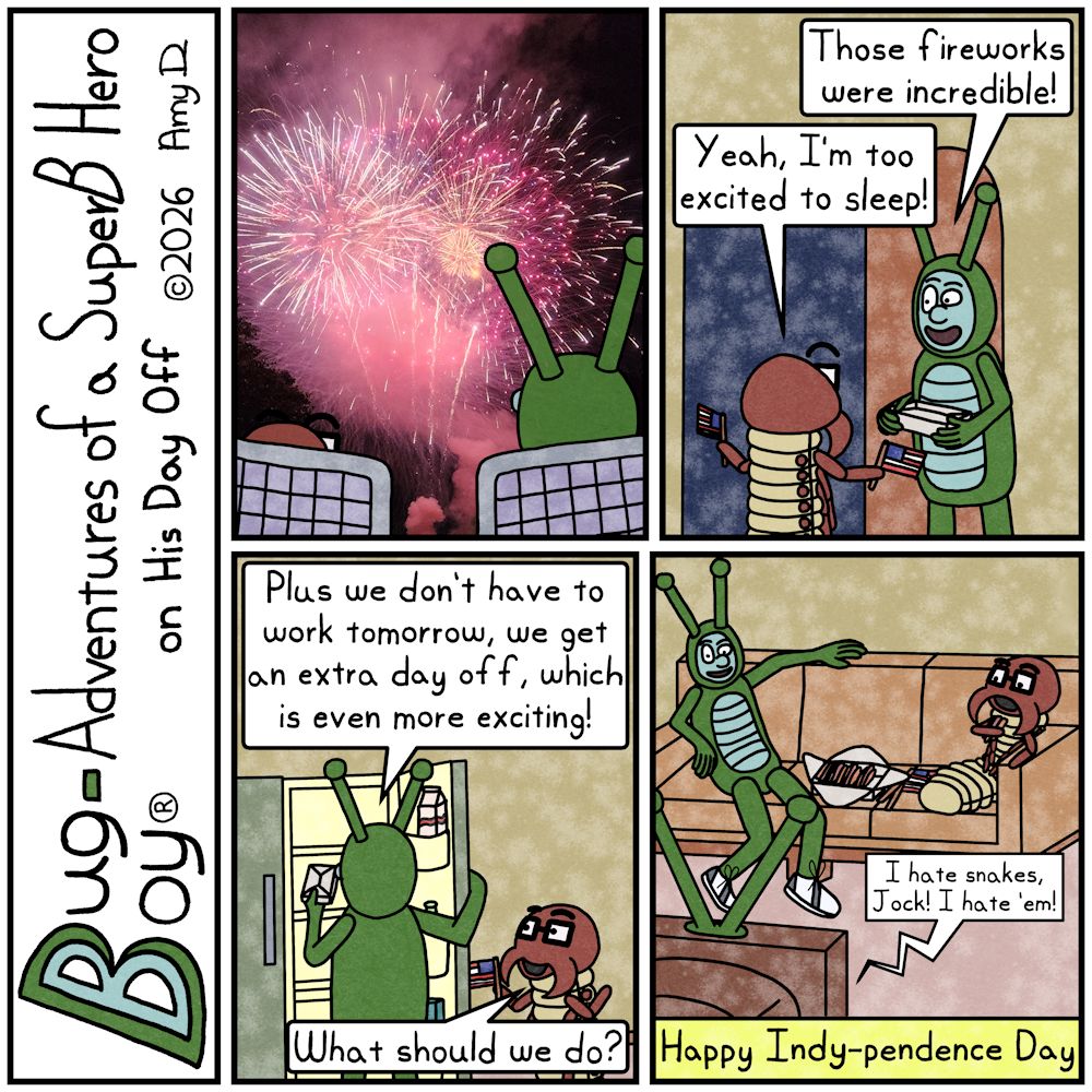 Bug Boy®-Adventures of a SuperB Hero on His Day Off / Indy ©2026 Amy D / First Panel- Seymour & Bug Boy sitting in lawn chairs with their backs to the camera...