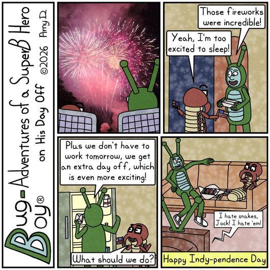 Bug Boy®-Adventures of a SuperB Hero on His Day Off / Indy ©2026 Amy D / First Panel- Seymour & Bug Boy sitting in lawn chairs with their backs to the camera...