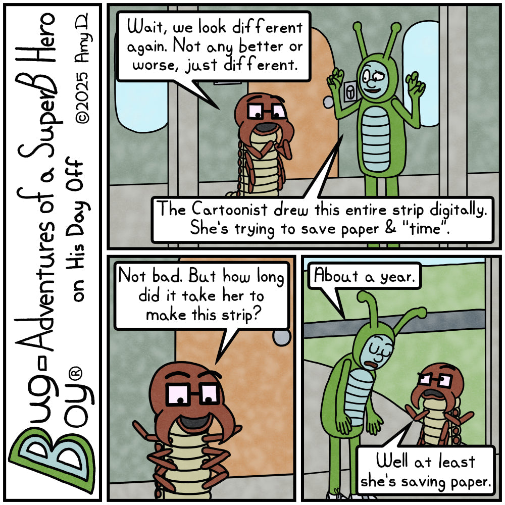 Bug Boy®-Adventures of a SuperB Hero on His Day Off / Let’s Go Digital ©2025 Amy D / First Panel- Bug Boy &amp; Seymour standing outside of the Bug Bungalow...