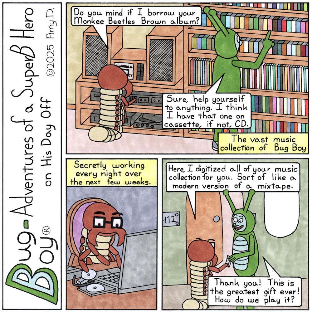 Bug Boy®-Adventures of a SuperB Hero on His Day Off / Mixtape ©2025 Amy D / First Panel- Bug Boy &amp; Seymour are standing in front of a huge bookcase filled..