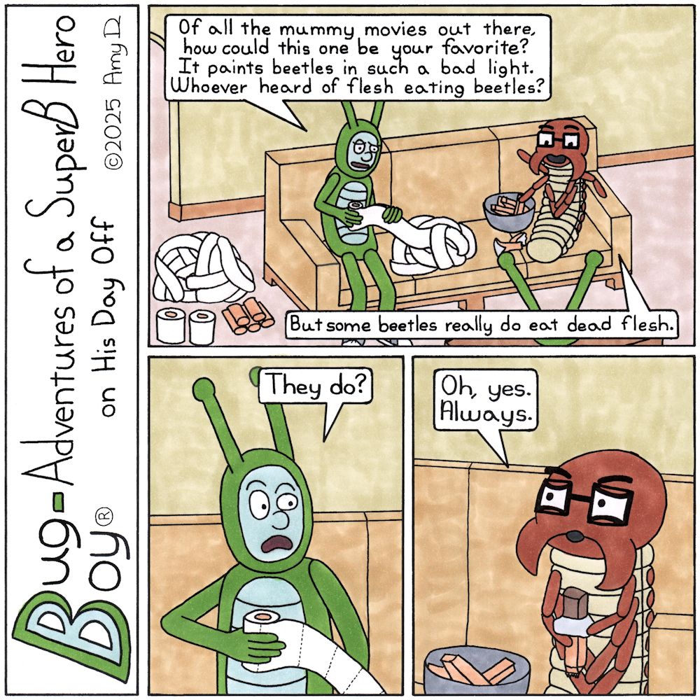 Bug Boy®-Adventures of a SuperB Hero on His Day Off / Mummy ©2025 Amy D / First Panel- Bug Boy &amp; Seymour are sitting on the sofa in the Bug Bungalow...