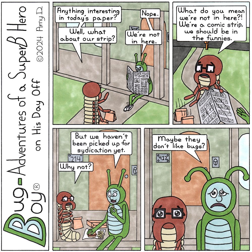 Bug Boy®-Adventures of a SuperB Hero on His Day Off - No News ©2024 Amy D / 1st Panel- Bug Boy sitting on the stoop in front of the Bug Bungalow reading the Edgeville Times newspaper. Seymour is walking...