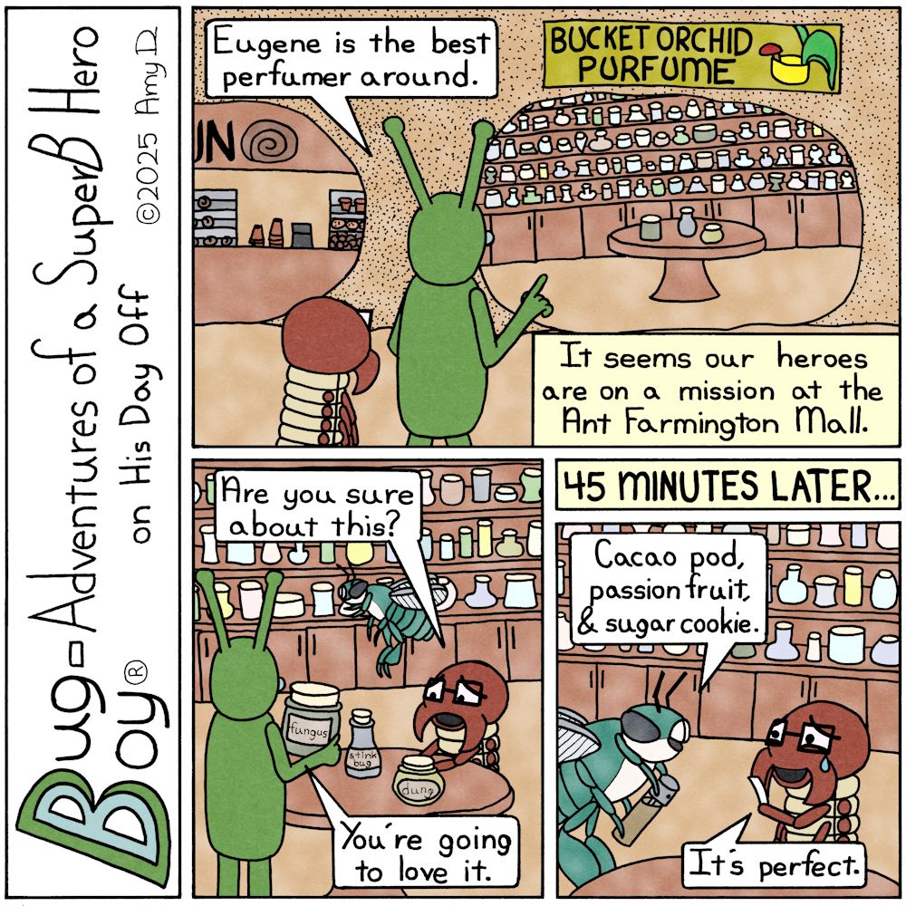 Bug Boy®-Adventures of a SuperB Hero on His Day Off / Orchid Bee ©2025 Amy D / First Panel- Bug Boy & Seymour standing inside of what looks like an ant farm...