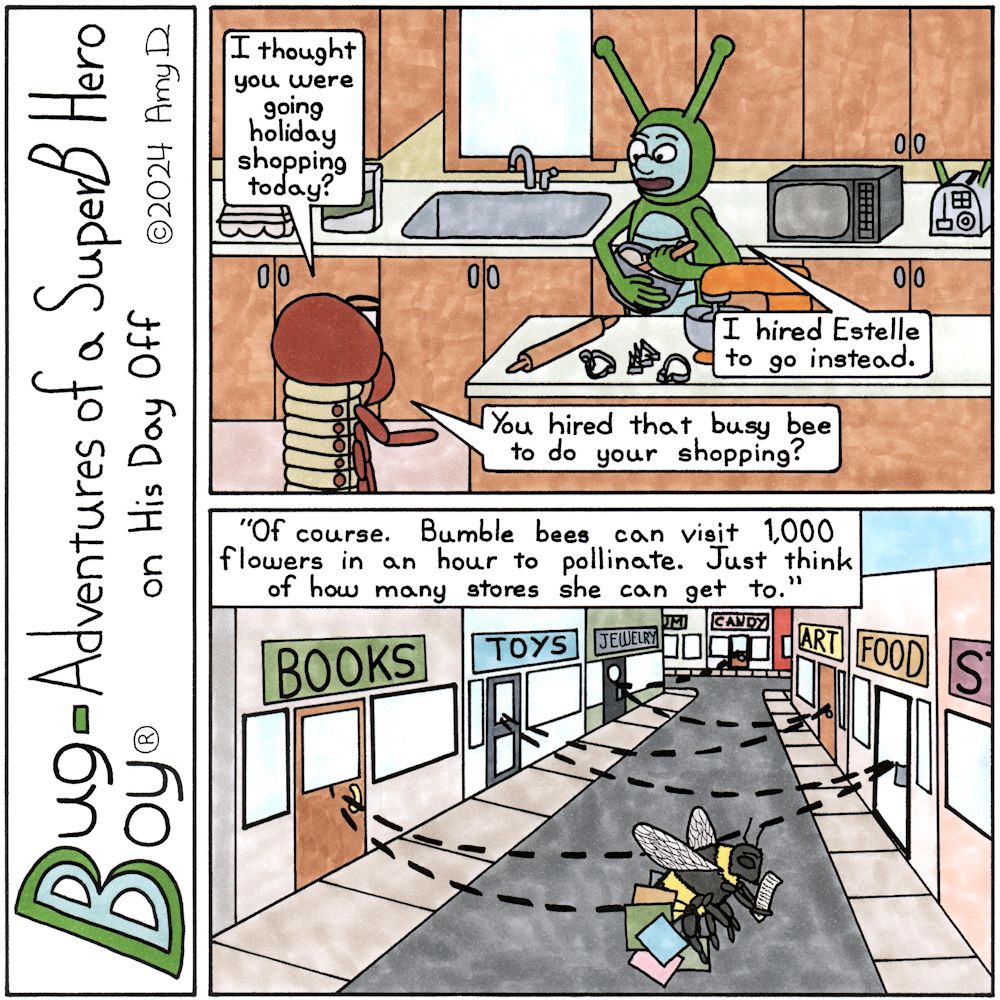 Bug Boy®-Adventures of a SuperB Hero on His Day Off / Personal Shopper ©2024 Amy D / First Panel- Bug Boy & Seymour standing in the kitchen of the Bug Bungal...