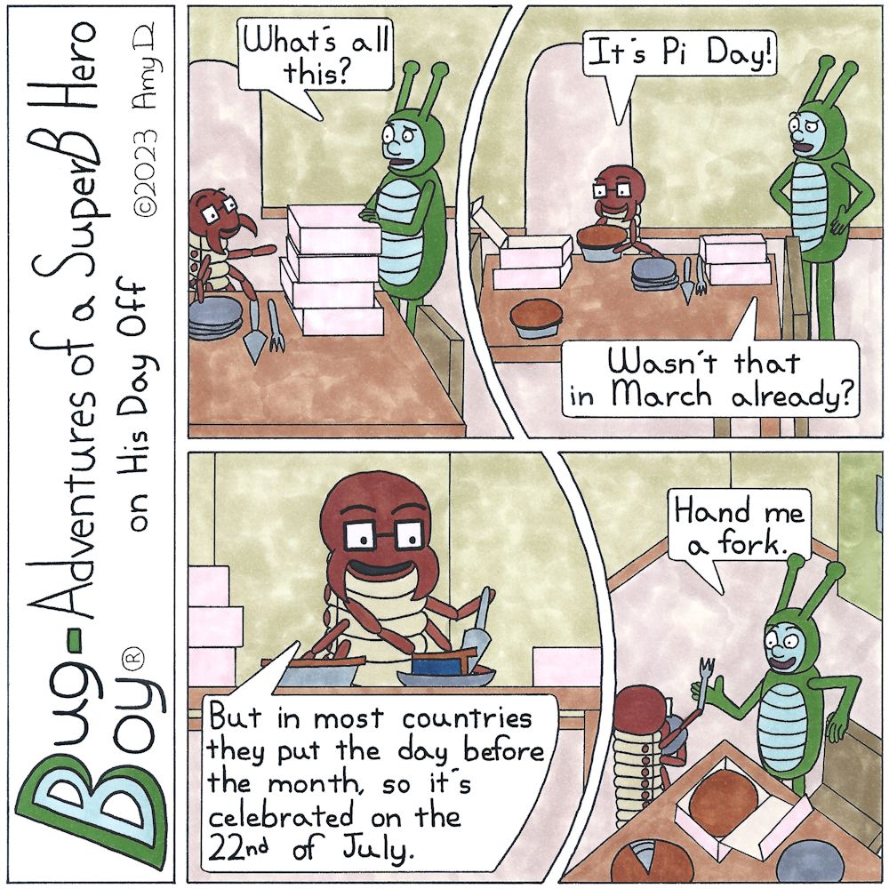 Bug Boy®-Adventures of a SuperB Hero on His Day Off - Pie Day ©2023 Amy D / 1st Panel- Seymour & Bug Boy standing at the kitchen table. There are 4 large pastry boxes, some plates, a serving knife and fork sitting on the table. Bug Boy: What’s all this?