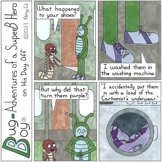 Bug Boy®-Adventures of a SuperB Hero’s Best Friend on His Day Off - Purple Shoes ©2023 Amy D / 1st Panel- Bug Boy walking outside of the Bug Bungalow’s front door to find Seymour waiting for him. Bug Boy’s shoes look very different than usual. Seymour...