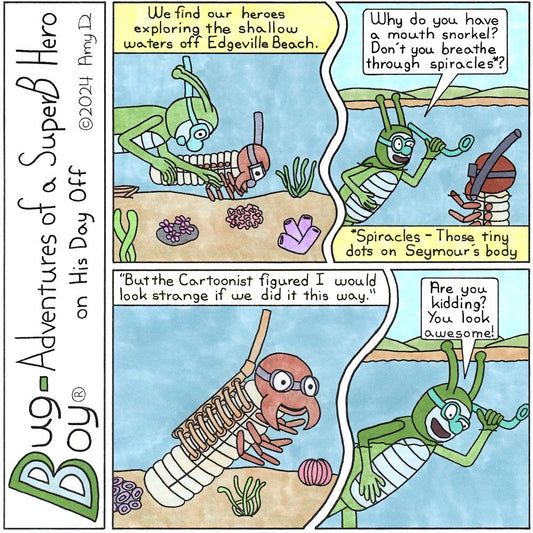 Bug Boy®-Adventures of a SuperB Hero on His Day Off / Snorkeling ©2024 Amy D / 1st Panel- Bug Boy & Seymour wearing snorkels and goggles, swimming under the ocean. There are colorful coral beneath them, as well as what appears to be a sunken ship...