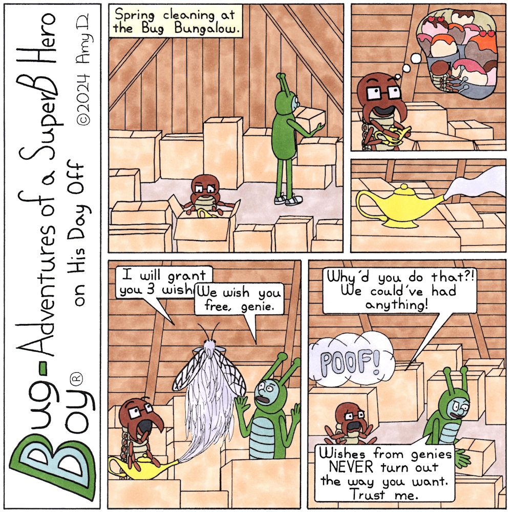 Bug Boy®-Adventures of a SuperB Hero on His Day Off - Spring Cleaning ©2024 Amy D / 1st Panel- Bug Boy & Seymour in the attic of the Bug Bungalow, digging through boxes. Narrator: Spring cleaning at the Bug Bungalow. 2nd Panel- Seymour finds an old oil...