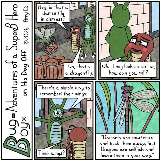 Bug Boy®-Adventures of a SuperB Hero on His Day Off / St George ©2026 Amy D / First Panel- Bug Boy & Seymour walking down the sidewalk in the center of town...