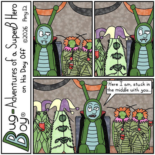 Bug Boy®-Adventures of a SuperB Hero on His Day Off / Stuck ©2026 Amy D / First Panel- Bug Boy sitting down at a Halloween party, dressed as a vampire. He’s...