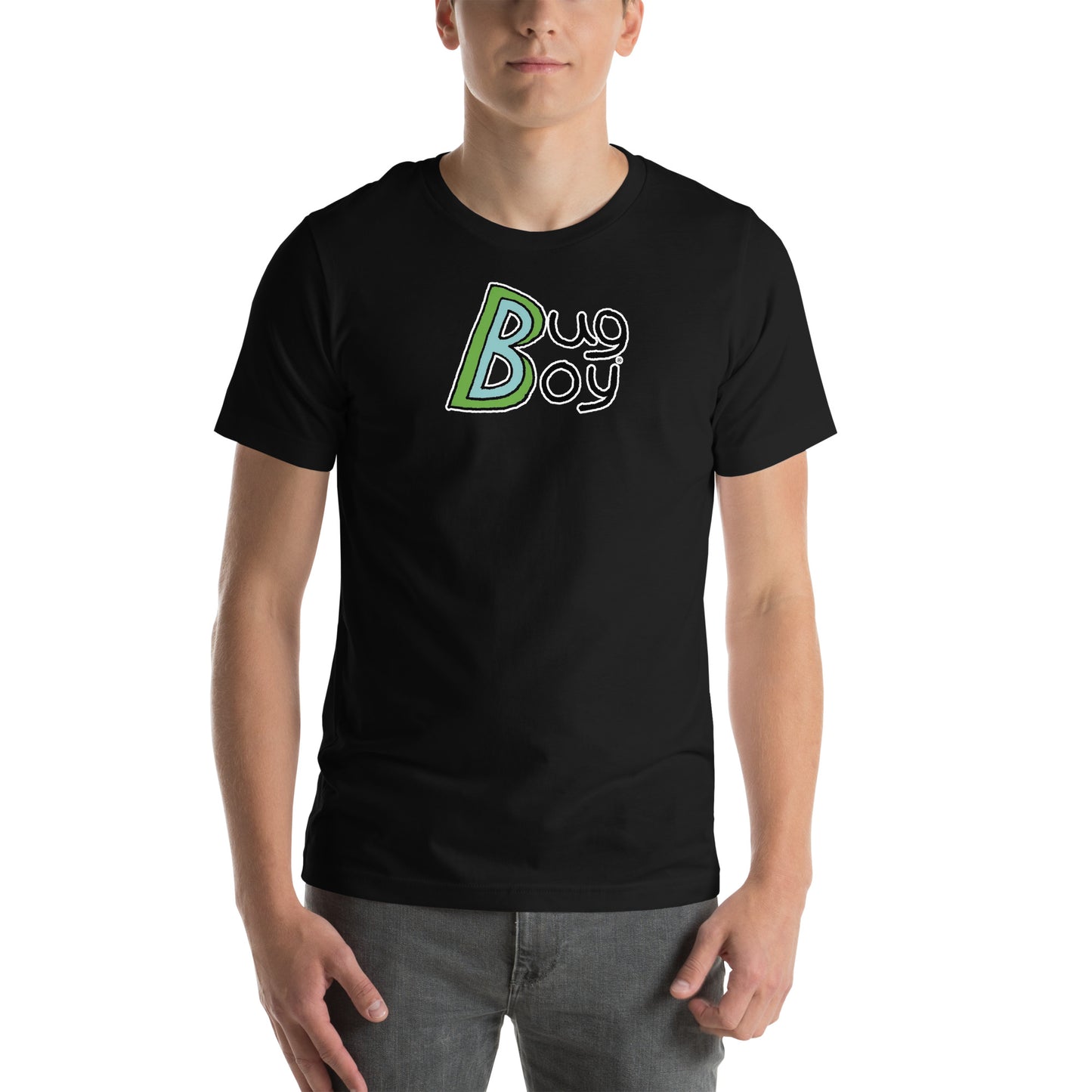 Bug Boy Logo T-Shirt in Black on male model - from The Bug Bungalow