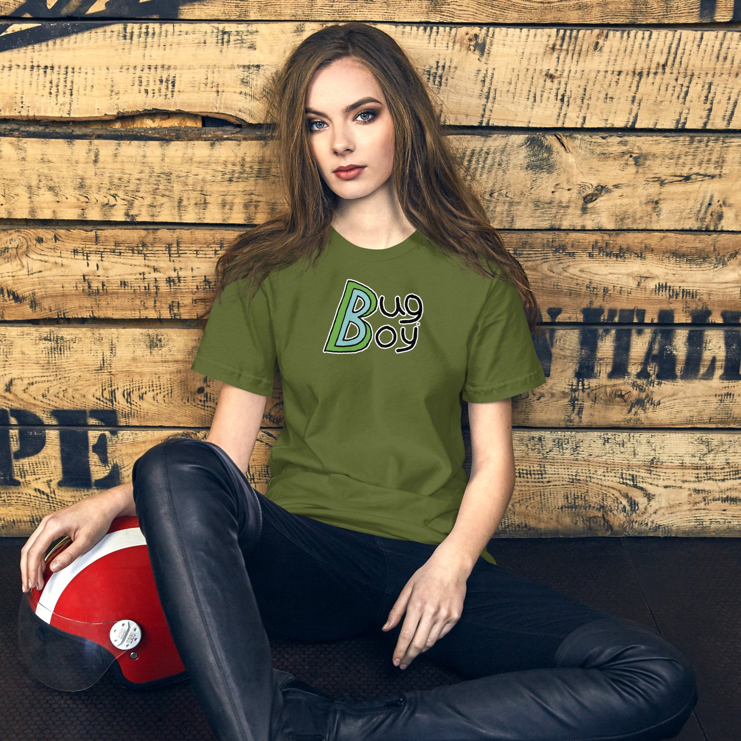 Bug Boy Logo T-Shirt in olive on female model - from The Bug Bungalow